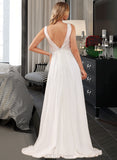 Abbigail A-Line V-neck Sweep Train Chiffon Lace Wedding Dress With Lace Sequins Split Front UKP0017142