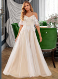 Alyvia A-Line V-neck Floor-Length Tulle Lace Wedding Dress With Ruffle Lace Beading Sequins UKP0017143