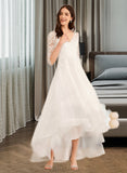 Emelia A-Line V-neck Asymmetrical Tulle Lace Wedding Dress With Beading Sequins UKP0017146