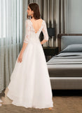 Emelia A-Line V-neck Asymmetrical Tulle Lace Wedding Dress With Beading Sequins UKP0017146