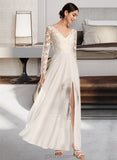 Valentina A-Line V-neck Floor-Length Chiffon Lace Wedding Dress With Split Front UKP0017148