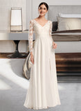 Valentina A-Line V-neck Floor-Length Chiffon Lace Wedding Dress With Split Front UKP0017148