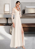 Valentina A-Line V-neck Floor-Length Chiffon Lace Wedding Dress With Split Front UKP0017148