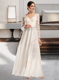 Valentina A-Line V-neck Floor-Length Chiffon Lace Wedding Dress With Split Front UKP0017148