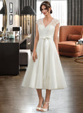 Maggie A-Line V-neck Tea-Length Satin Lace Wedding Dress With Bow(s) UKP0017149