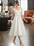 Maggie A-Line V-neck Tea-Length Satin Lace Wedding Dress With Bow(s) UKP0017149