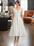 Maggie A-Line V-neck Tea-Length Satin Lace Wedding Dress With Bow(s) UKP0017149