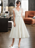 Maggie A-Line V-neck Tea-Length Satin Lace Wedding Dress With Bow(s) UKP0017149