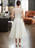 Maggie A-Line V-neck Tea-Length Satin Lace Wedding Dress With Bow(s) UKP0017149