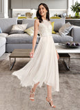 Summer A-Line Scoop Neck Asymmetrical Chiffon Lace Wedding Dress UKP0017150