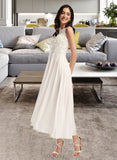 Summer A-Line Scoop Neck Asymmetrical Chiffon Lace Wedding Dress UKP0017150