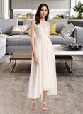 Summer A-Line Scoop Neck Asymmetrical Chiffon Lace Wedding Dress UKP0017150