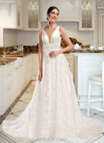 Catalina Ball-Gown/Princess V-neck Chapel Train Satin Lace Wedding Dress UKP0017154