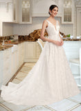 Catalina Ball-Gown/Princess V-neck Chapel Train Satin Lace Wedding Dress UKP0017154