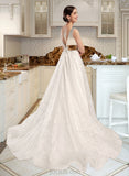 Catalina Ball-Gown/Princess V-neck Chapel Train Satin Lace Wedding Dress UKP0017154