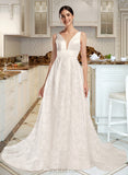 Catalina Ball-Gown/Princess V-neck Chapel Train Satin Lace Wedding Dress UKP0017154