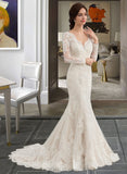 Alaina Trumpet/Mermaid V-neck Court Train Tulle Lace Wedding Dress With Beading UKP0017155