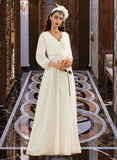 Sage A-Line V-neck Floor-Length Chiffon Wedding Dress With Lace Split Front UKP0017156