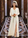 Sage A-Line V-neck Floor-Length Chiffon Wedding Dress With Lace Split Front UKP0017156