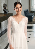 Sal A-Line V-neck Sweep Train Chiffon Lace Wedding Dress UKP0017162