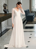 Sal A-Line V-neck Sweep Train Chiffon Lace Wedding Dress UKP0017162