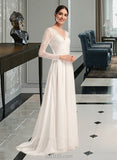 Sal A-Line V-neck Sweep Train Chiffon Lace Wedding Dress UKP0017162