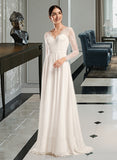 Sal A-Line V-neck Sweep Train Chiffon Lace Wedding Dress UKP0017162