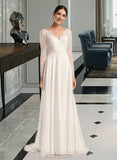 Sal A-Line V-neck Sweep Train Chiffon Lace Wedding Dress UKP0017162