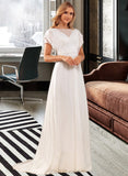 Annalise A-Line Scoop Neck Sweep Train Chiffon Wedding Dress With Beading UKP0017165