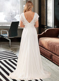 Annalise A-Line Scoop Neck Sweep Train Chiffon Wedding Dress With Beading UKP0017165