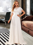 Annalise A-Line Scoop Neck Sweep Train Chiffon Wedding Dress With Beading UKP0017165