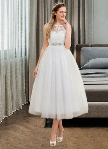 Lucy Ball-Gown/Princess Scoop Neck Tea-Length Satin Tulle Lace Wedding Dress With Beading Sequins UKP0017166