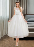 Lucy Ball-Gown/Princess Scoop Neck Tea-Length Satin Tulle Lace Wedding Dress With Beading Sequins UKP0017166