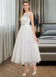 Lucy Ball-Gown/Princess Scoop Neck Tea-Length Satin Tulle Lace Wedding Dress With Beading Sequins UKP0017166