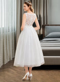 Lucy Ball-Gown/Princess Scoop Neck Tea-Length Satin Tulle Lace Wedding Dress With Beading Sequins UKP0017166