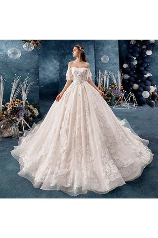 Lace A Line Off The Shoulder Wedding Dresses With Applique Chapel Train