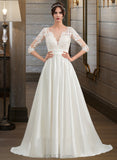 Kendall Ball-Gown/Princess Scoop Neck Court Train Satin Lace Wedding Dress With Ruffle UKP0017170