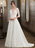 Kendall Ball-Gown/Princess Scoop Neck Court Train Satin Lace Wedding Dress With Ruffle UKP0017170