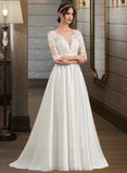 Kendall Ball-Gown/Princess Scoop Neck Court Train Satin Lace Wedding Dress With Ruffle UKP0017170