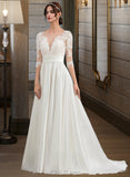 Kendall Ball-Gown/Princess Scoop Neck Court Train Satin Lace Wedding Dress With Ruffle UKP0017170