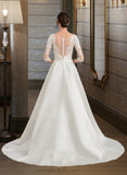 Kendall Ball-Gown/Princess Scoop Neck Court Train Satin Lace Wedding Dress With Ruffle UKP0017170