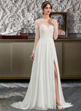 Shania A-Line Illusion Sweep Train Chiffon Tulle Wedding Dress With Appliques Lace Split Front UKP0017171