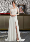 Shania A-Line Illusion Sweep Train Chiffon Tulle Wedding Dress With Appliques Lace Split Front UKP0017171