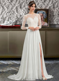 Shania A-Line Illusion Sweep Train Chiffon Tulle Wedding Dress With Appliques Lace Split Front UKP0017171