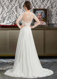 Shania A-Line Illusion Sweep Train Chiffon Tulle Wedding Dress With Appliques Lace Split Front UKP0017171