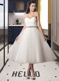 Aaliyah A-Line Sweetheart Tea-Length Satin Tulle Wedding Dress With Ruffle Beading Sequins UKP0017172