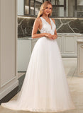 Selina Ball-Gown/Princess V-neck Court Train Tulle Lace Wedding Dress With Lace Sequins UKP0017173