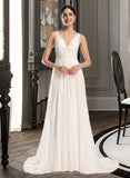 Lilia A-Line V-neck Court Train Chiffon Lace Wedding Dress With Beading Sequins UKP0017174