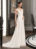 Lilia A-Line V-neck Court Train Chiffon Lace Wedding Dress With Beading Sequins UKP0017174