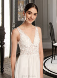 Lilia A-Line V-neck Court Train Chiffon Lace Wedding Dress With Beading Sequins UKP0017174